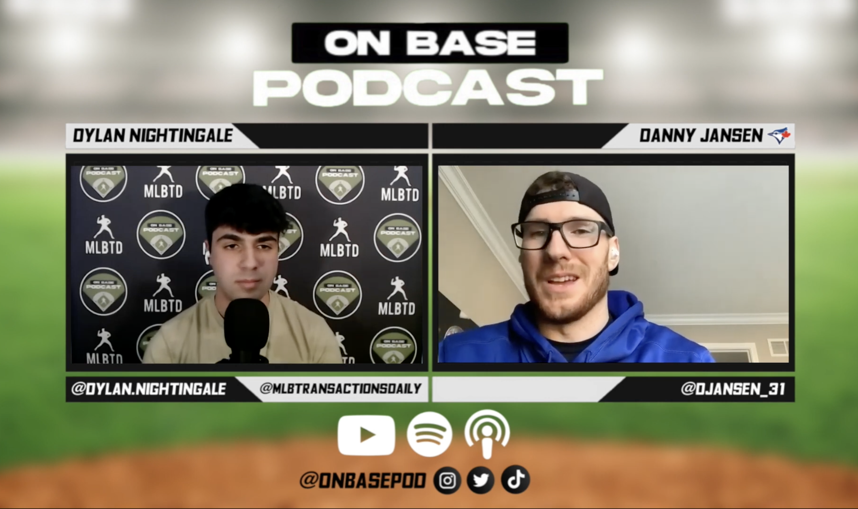 Dylan Nightingale interviewing MLB player Danny Jansen on On Base Podcast